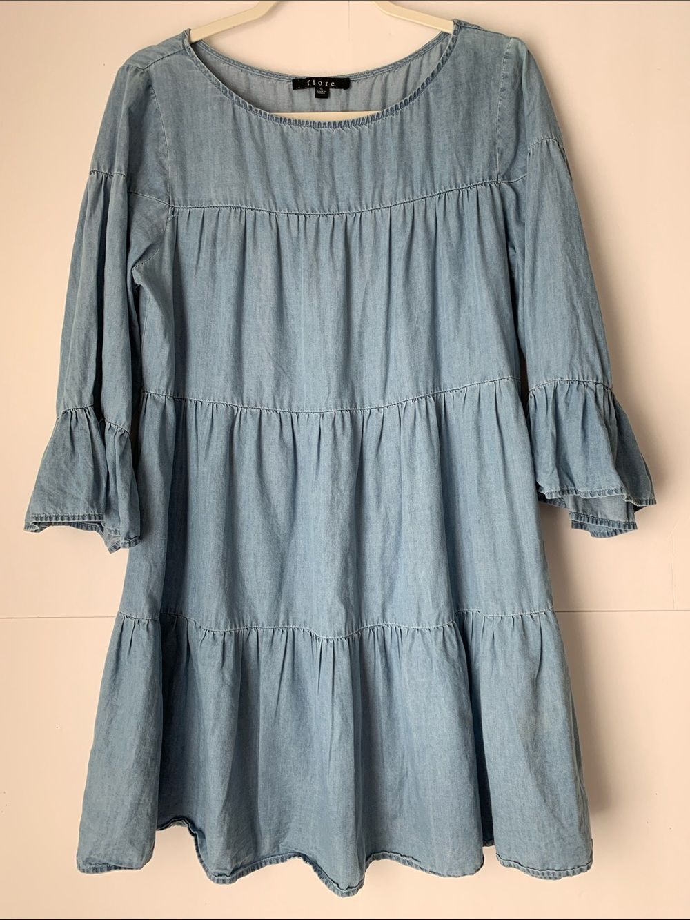 Fiore Blue Chambray Tiered Bell Sleeve Dress Size S Cotton Tencel